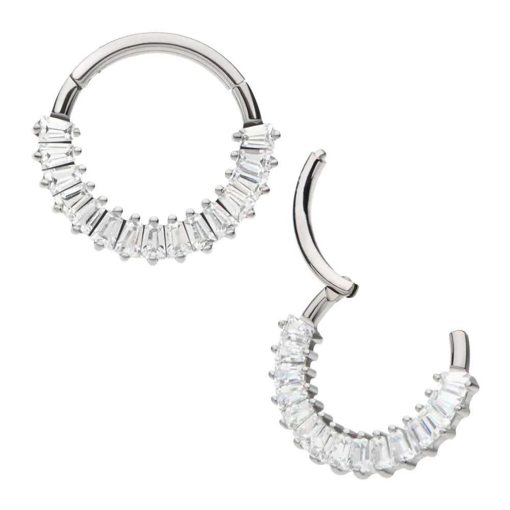 Initial Piercing - Titanium Pronged Baguette CZ Cluster Front Facing Hinged Segment Clicker