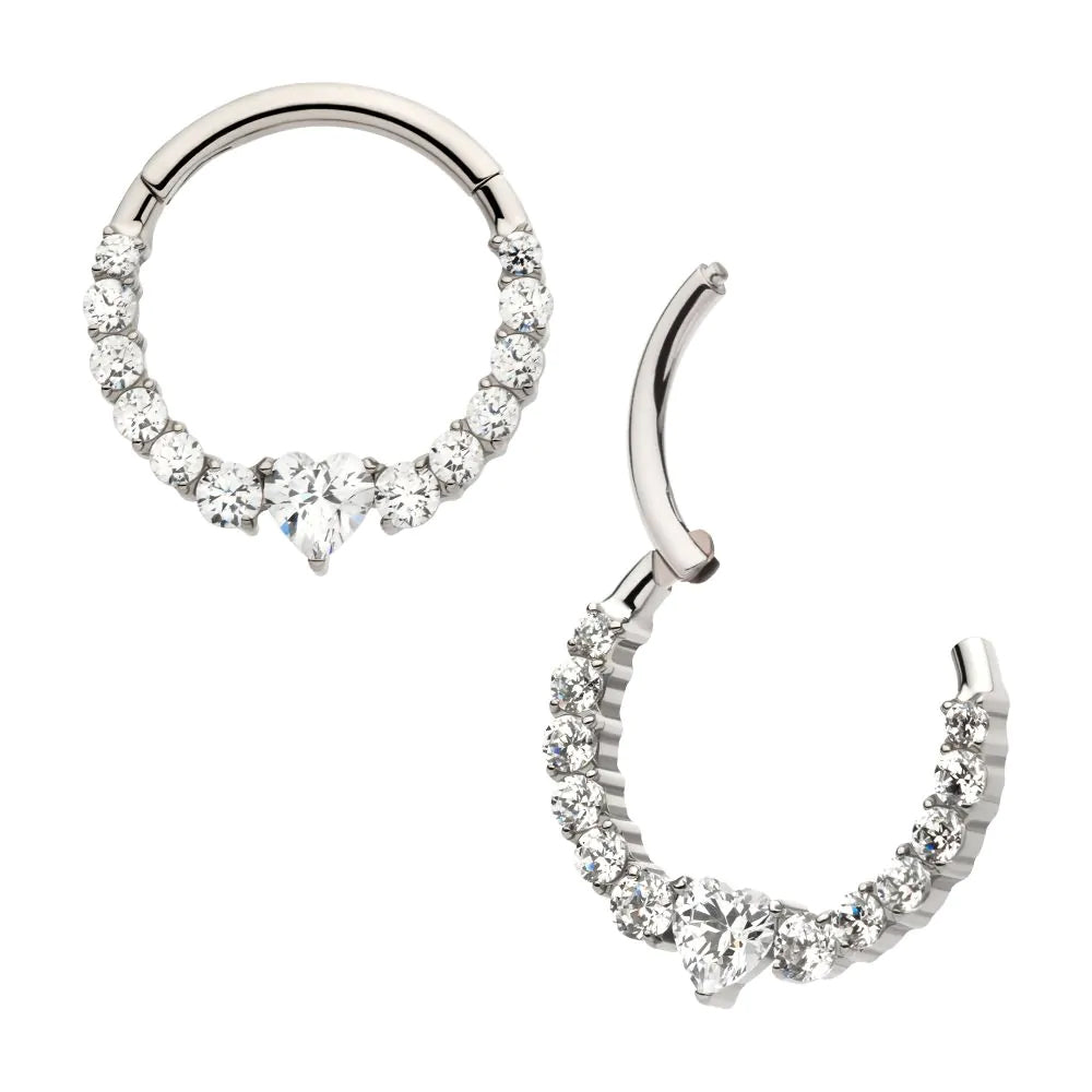 Initial Piercing - Titanium Clustered Prong Set Round CZ with Center Heart CZ Front Facing Hinged Segment Clicker