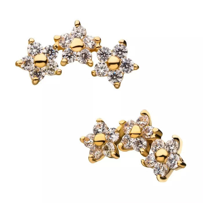 Initial Piercing - 14Kt Yellow Gold Threadless Triple flower Labret
