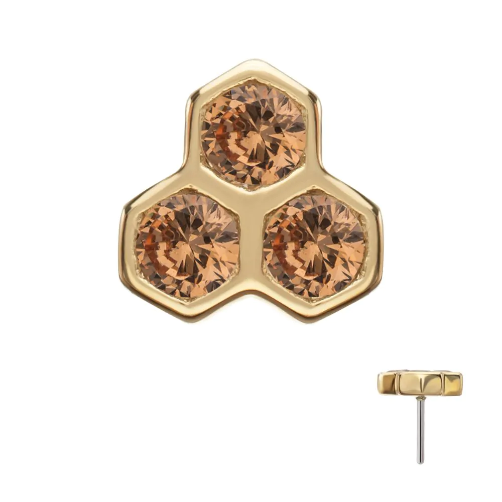 Initial Piercing - 14Kt Yellow Gold Threadless Bezel Gem Triple Honeycomb