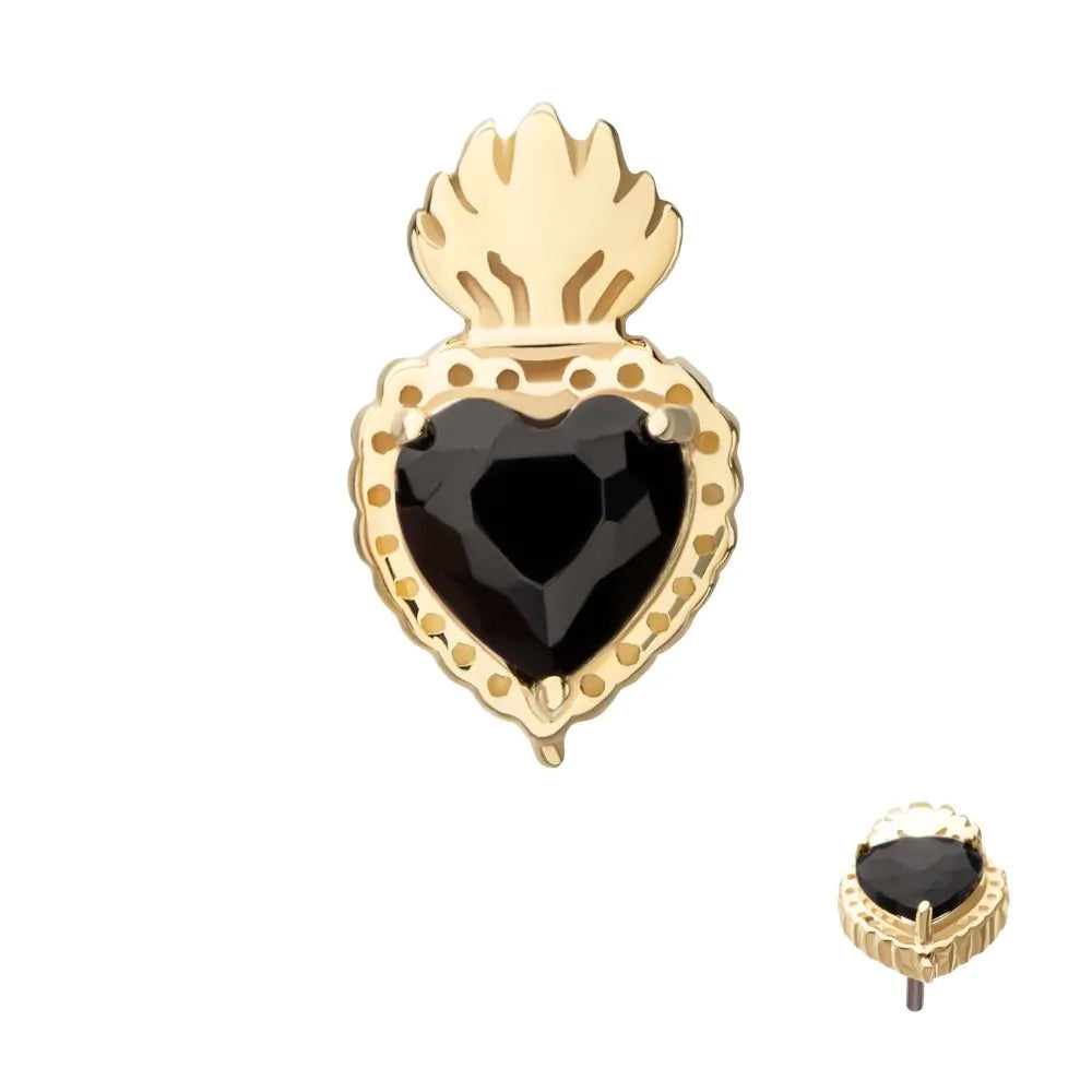 Initial Piercing - 14Kt Yellow Gold Threadless Prong Set Black Gem Sacred Heart labret