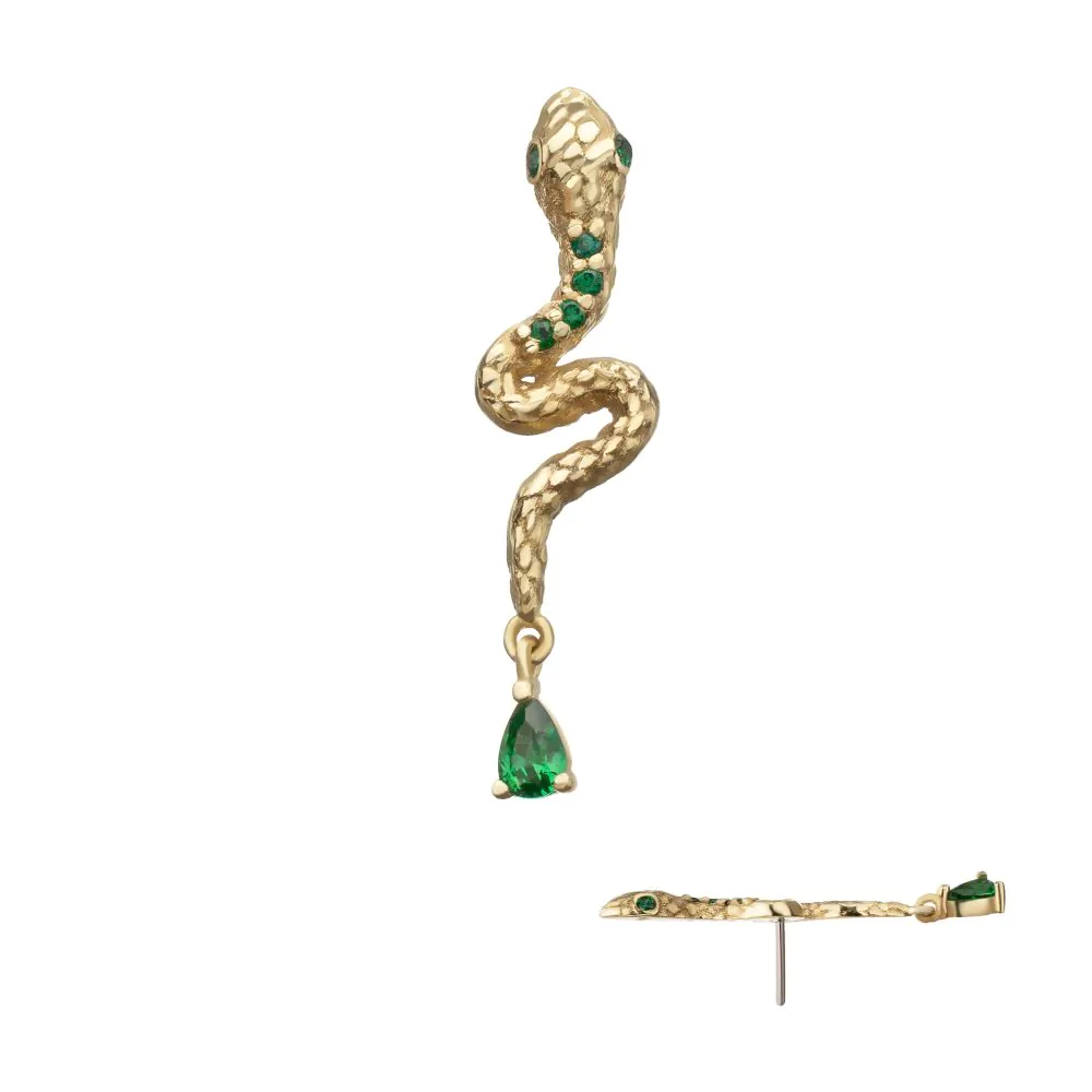 Initial Piercing - 14Kt Yellow Gold Threadless Enchanted Serpent Top with Teardrop Emerald Dangle labret