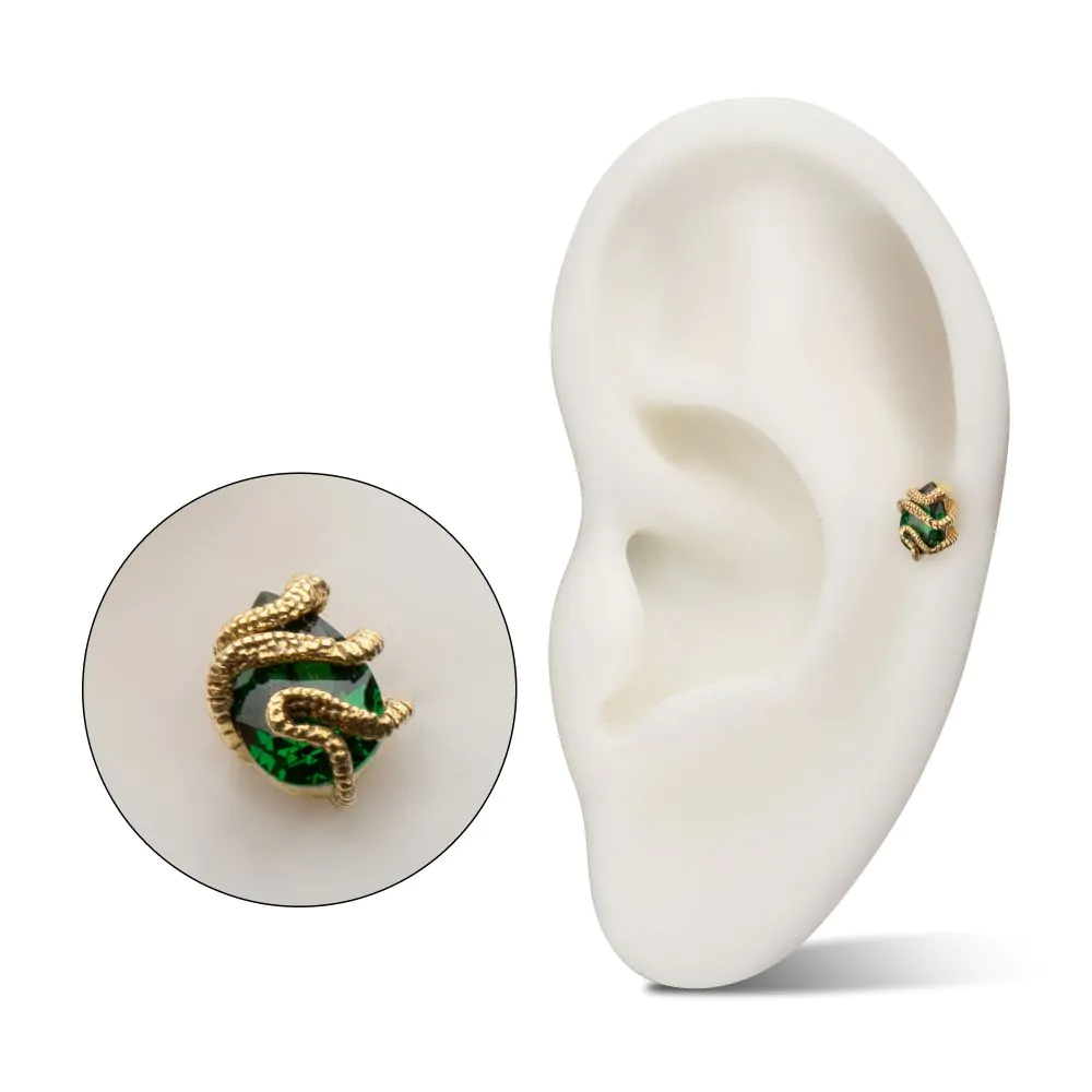 Initial Piercing - 14Kt Yellow Gold Threadless Serpent Wrapped on Teardrop Emerald Labret