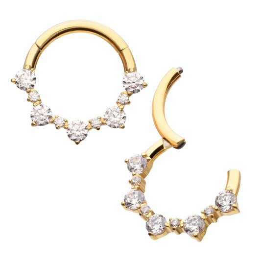 Initial Piercing - 24Kt Gold PVD Titanium Prong Set 1mm and 2mm Cluster Gem Front Facing Hinged Segment Clicker