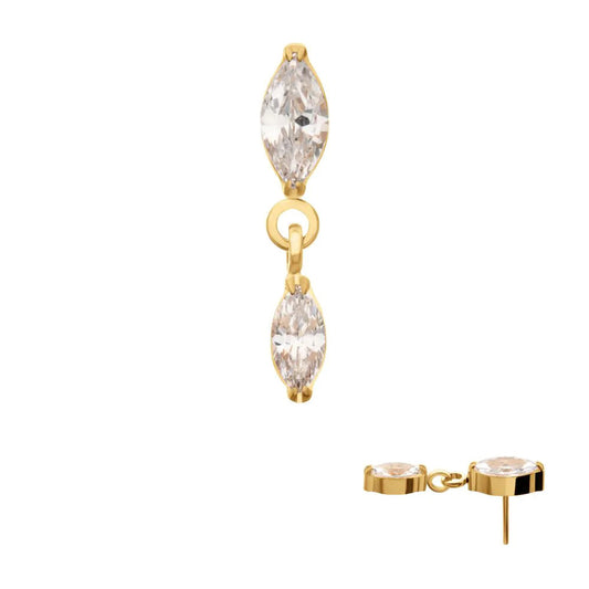 Initial Piercing  24KT Gold PVD Titanium Threadless Prong Set Double Marquise Gem Dangle Top