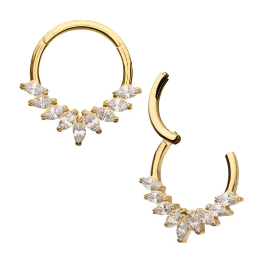 Initial Piercing  - 24Kt Gold PVD Titanium 9 Gem Marquise Cluster Front Facing Hinged Segment Clicker