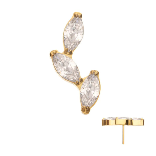 Initial Piercing  - 24Kt Gold PVD Titanium Threadless Vine Shape Top with 3-Tier Full Clear CZ Gem Marquise