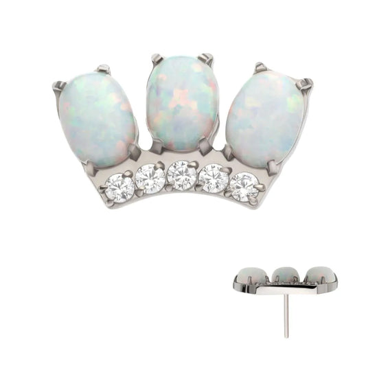 Initial Piercing - Titanium Threadless 4-Prong 3 Oval White Opal with 5 Round Clear CZ Cluster Top