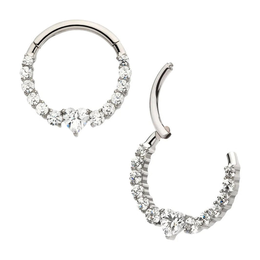 Initial Piercing  - Titanium Clustered Prong Set Round CZ with Center Heart CZ Front Facing Hinged Segment Clicker