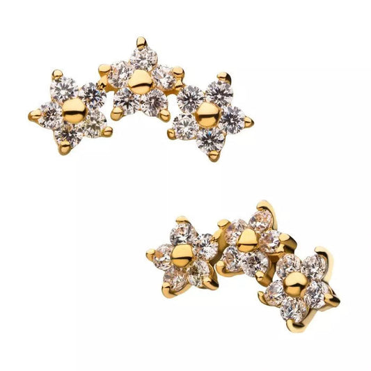Initial Piercing - 14Kt Yellow Gold Threadless Triple flower Labret