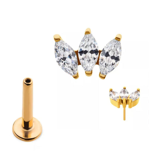 Initial Piercing  - 24k gold plated 3 gem marquise Labret