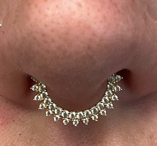 Initial Piercing - 14Kt Yellow Gold Two Row Prong Set Gem Cluster Front Facing Hinged Segment Clicker