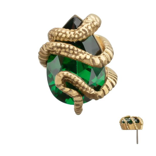Initial Piercing - 14Kt Yellow Gold Threadless Serpent Wrapped on Teardrop Emerald Labret