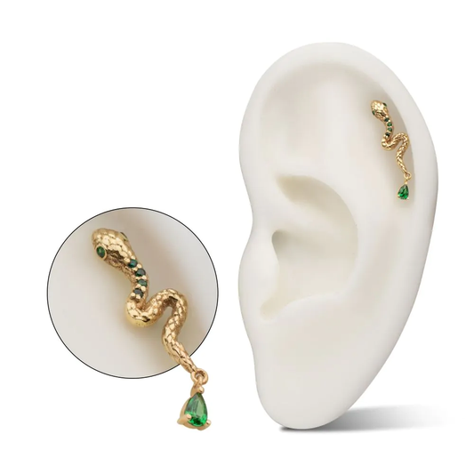 Initial Piercing - 14Kt Yellow Gold Threadless Enchanted Serpent Top with Teardrop Emerald Dangle labret