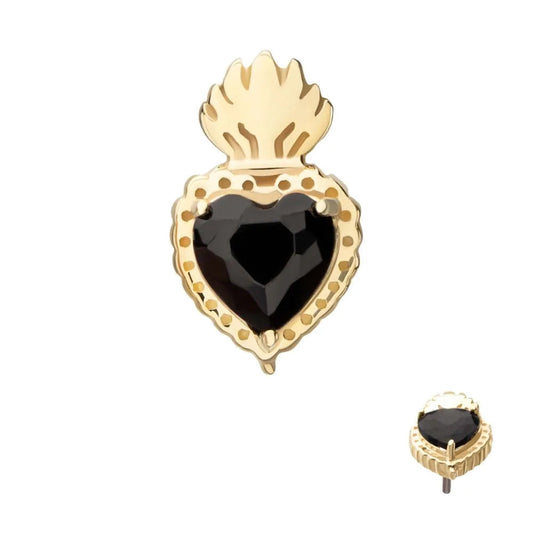 Initial Piercing - 14Kt Yellow Gold Threadless Prong Set Black Gem Sacred Heart labret