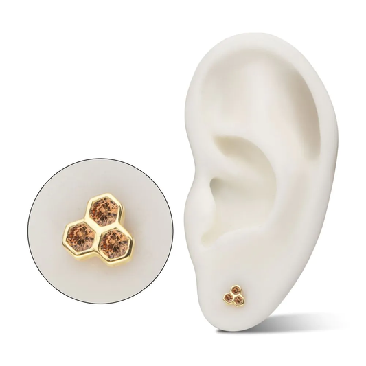 Initial Piercing - 14Kt Yellow Gold Threadless Bezel Gem Triple Honeycomb