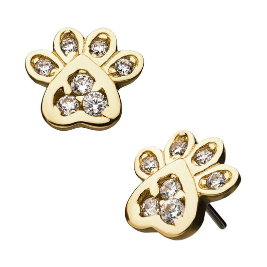 Initial Piercing - 14ct gold /CZ paw push fit top + 24k plated titanium bar