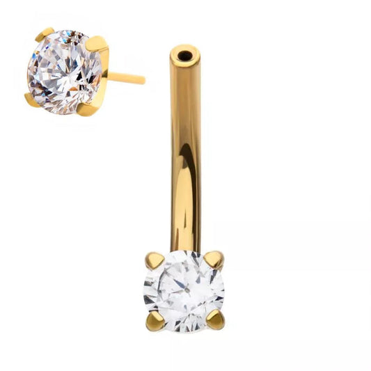 Initial Piercing  - 24Kt Gold PVD Titanium Threadless Prong Set CZ Fixed Bottom Curved Barbell (Copy)